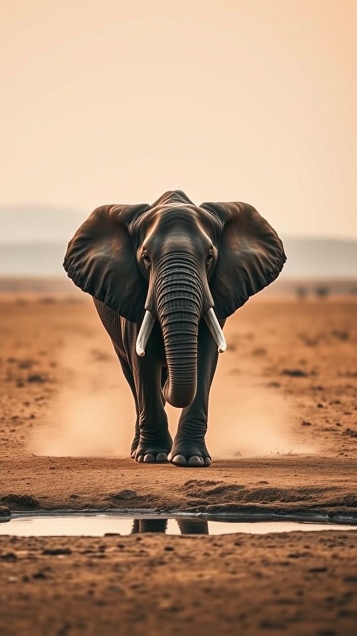 AI generated image by FLUX.1-schnell: A wise African elephant, with majestic tusks, walking slowly towards a watering hole on a vast, dusty plain under a warm, hazy sky. Its trunk is slightly raised. Serene, documentary-style shot."

