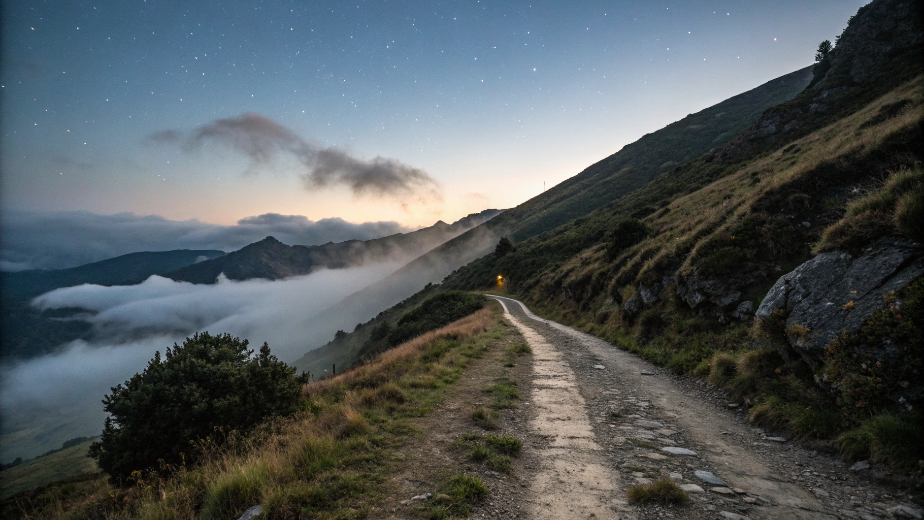 AI generated image by Red Panda AI: A mountain path at twilight with fog rolling in, where the trail ahead splits into two directions. The well-worn path continues straight ahead with faint light visible in the distance, while a less defined path veers downward into thicker fog and shadows. The sky shows the transition between day and night with faint stars beginning to appear. Atmospheric, detailed 4k photography, dramatic lighting.