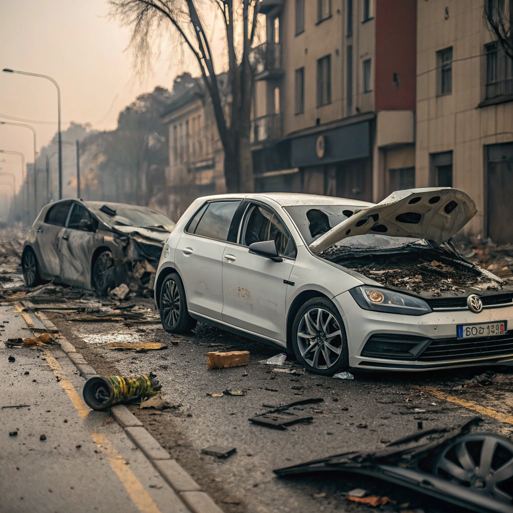AI generated image by FLUX.1-schnell: A nice car accident, involving 2 Volkswagen Golf, cars totally destroyed
