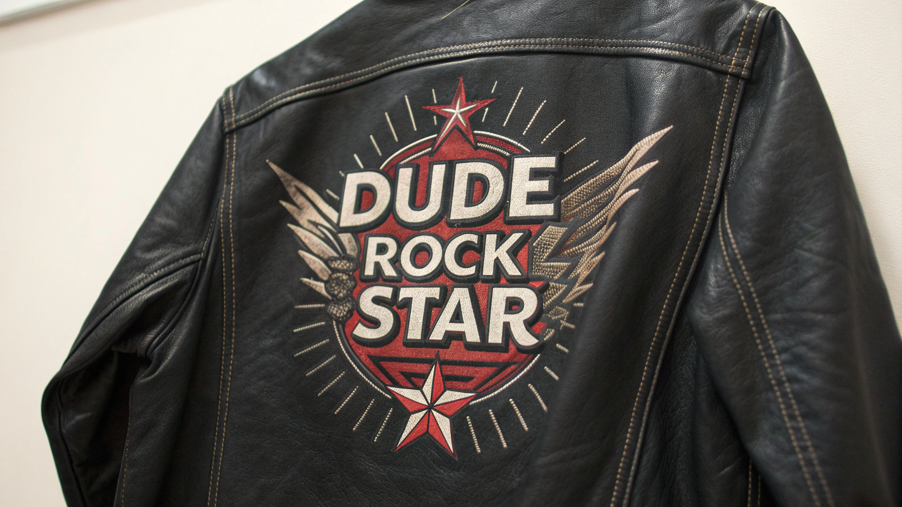 AI generated image by Red Panda AI: logo for the band "Dude Rock Star".  Needs to be rocking, metal, powerful, on a leather jacket