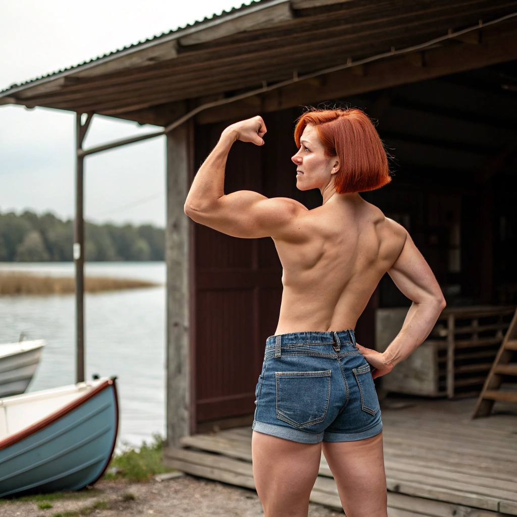 AI generated image by Red Panda AI: redhead muscular female powerlifter, age 24, natural, bob hair, flexing biceps, jeans shorts, topless, at the boathouse 
