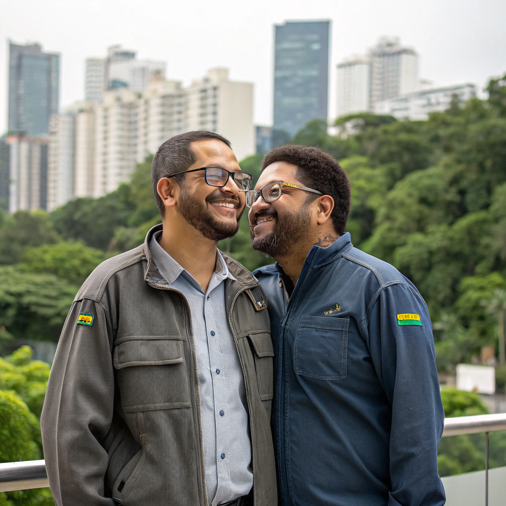 AI generated image by FLUX.1-schnell: create an image from two men who work with TI, live in Brazil, they are boyfriens and use glasses