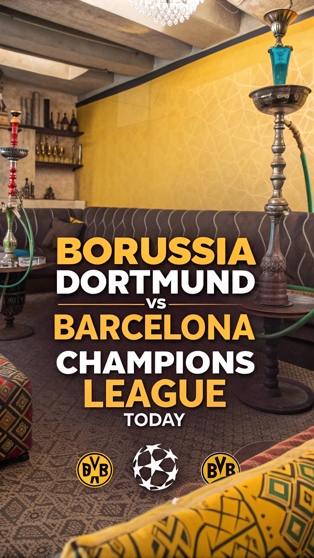 AI generated image by Red Panda AI: Crea un cartel para instagram anunciando el partido del borusia dormunt vs Barcelona de champions league hoy , ambientado en un  lounge de cachimbas