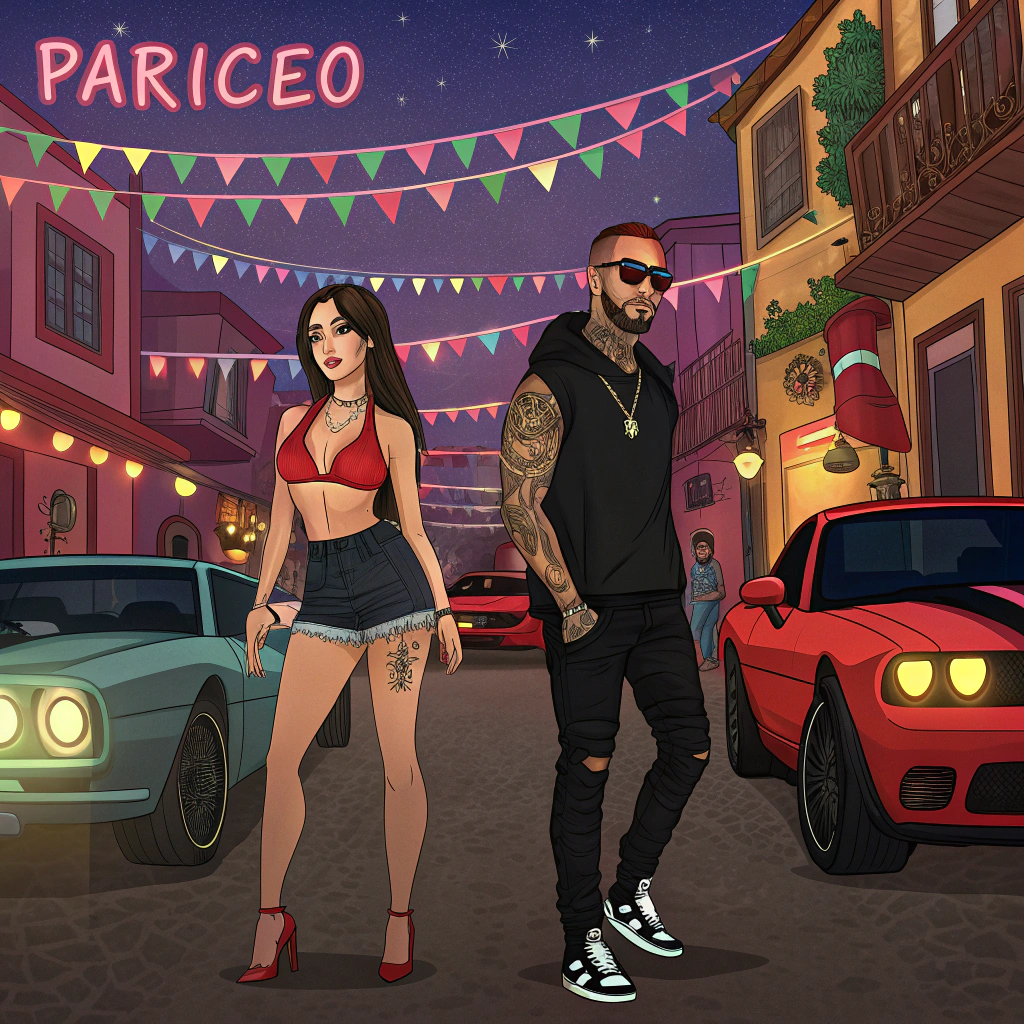 AI generated image by Red Panda AI: Realiza una portada de una nueva cancion llamada "PARICEO" 
El fondo será  en una fiesta del barrio de Tepito con carros deportivos tuneados con luces led .
En medio se encontrara una mujer pelinegra sexy con ojos lindos , vestida con un vestido corto mostrando su ropa interior calvin Clein .
Del lado derecho agrega a un hombre con los brazos y cuello tatuados , que lleva puesta una mascara de diablo con bigote roja .  Su vestimenta son unos jeans skinny color negro , con un chaleco de la  marca  The NORTH FACE.

Del lado derecho un hombre vestido con camarra negra y jeans ckinn color negros , usando gafas negras y gorra negra . De nacionalidad mexicana 