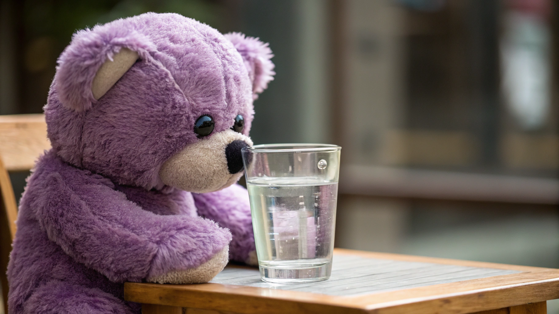 AI generated image by Red Panda AI: purple bear drinking from a glass of clean water