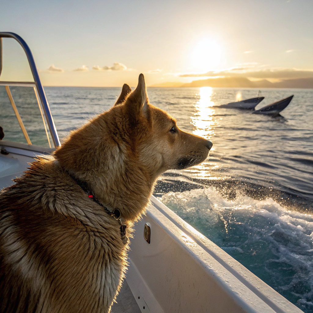 AI generated image by Red Panda AI: A mixed chowchow/german shepard on a boat at the sea looking at wales , the sun is shining and the dog is a bit wet
