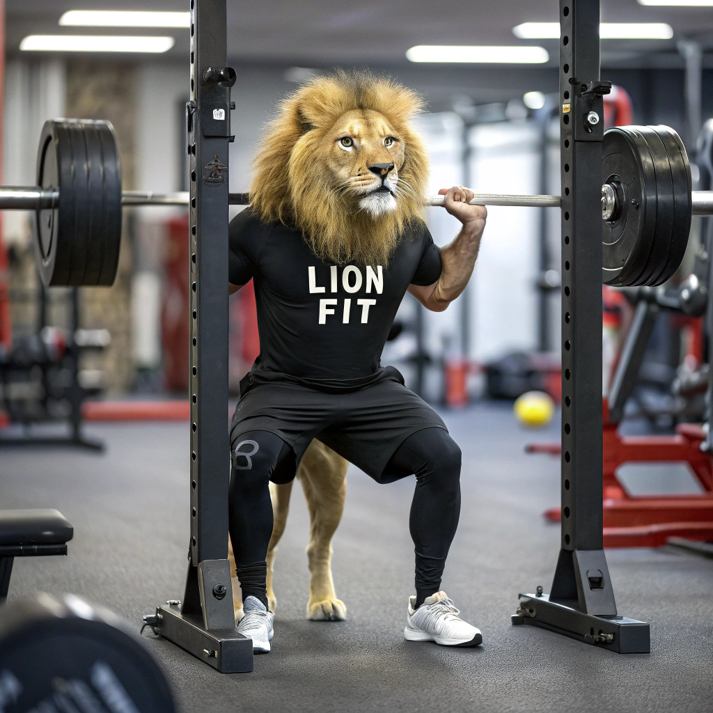 AI generated image by Red Panda AI: Um leão com uma camiseta escrita: "lion fit", treinando musculação