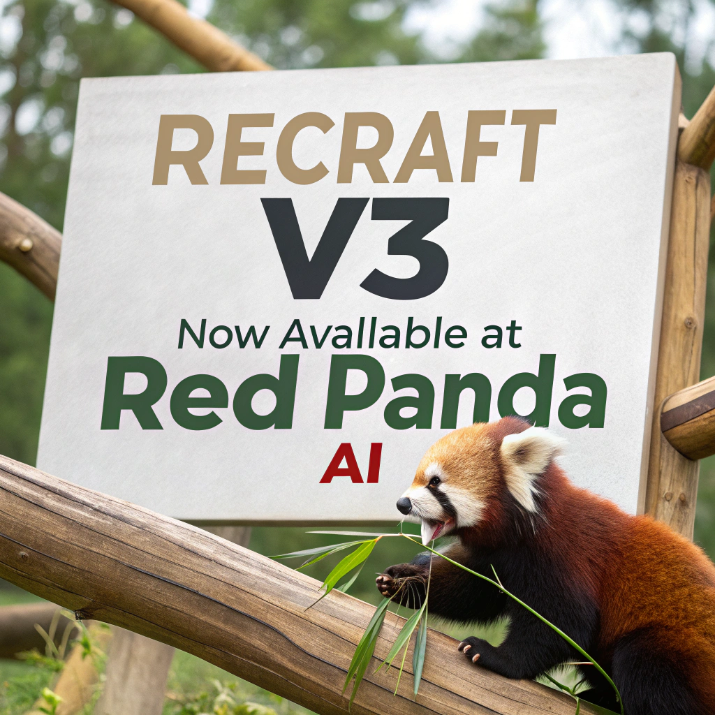 AI generated image by Red Panda AI: a red panda eating a bamboo in front of a poster that says "recraft V3 now available at red panda ai