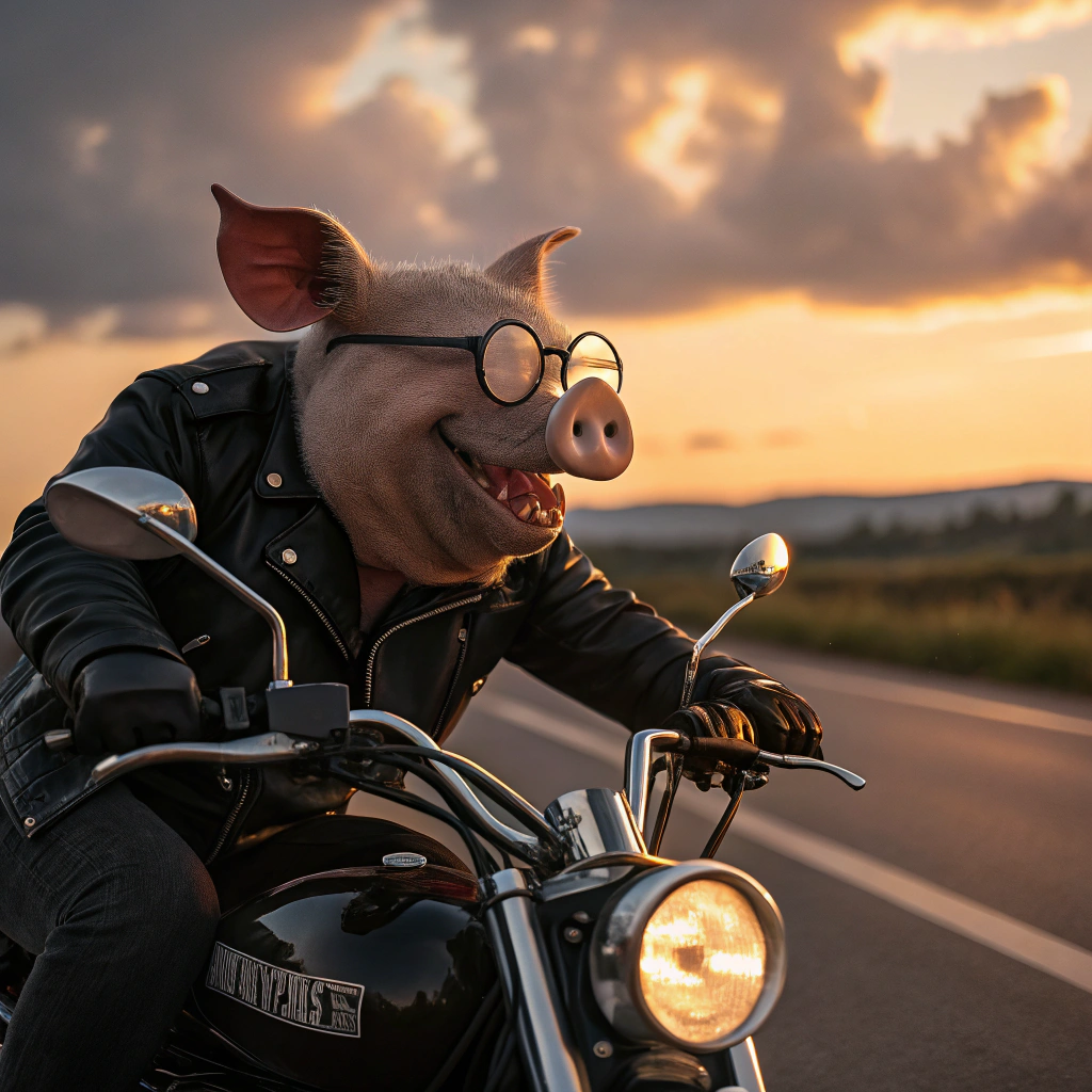 AI generated image by Red Panda AI: Un cerdo humanoide con colmillos grandes, lentes y una chamarra de piel negra a bordo de una motocicleta chopper manejando por una carretera y de fondo el sol en un atardecer