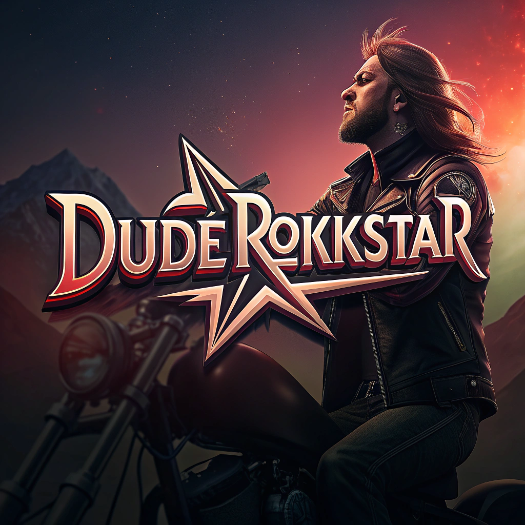 AI generated image by Red Panda AI: "Dude Rokkstar" logo using a heavy metal font, bold, strong, powerful