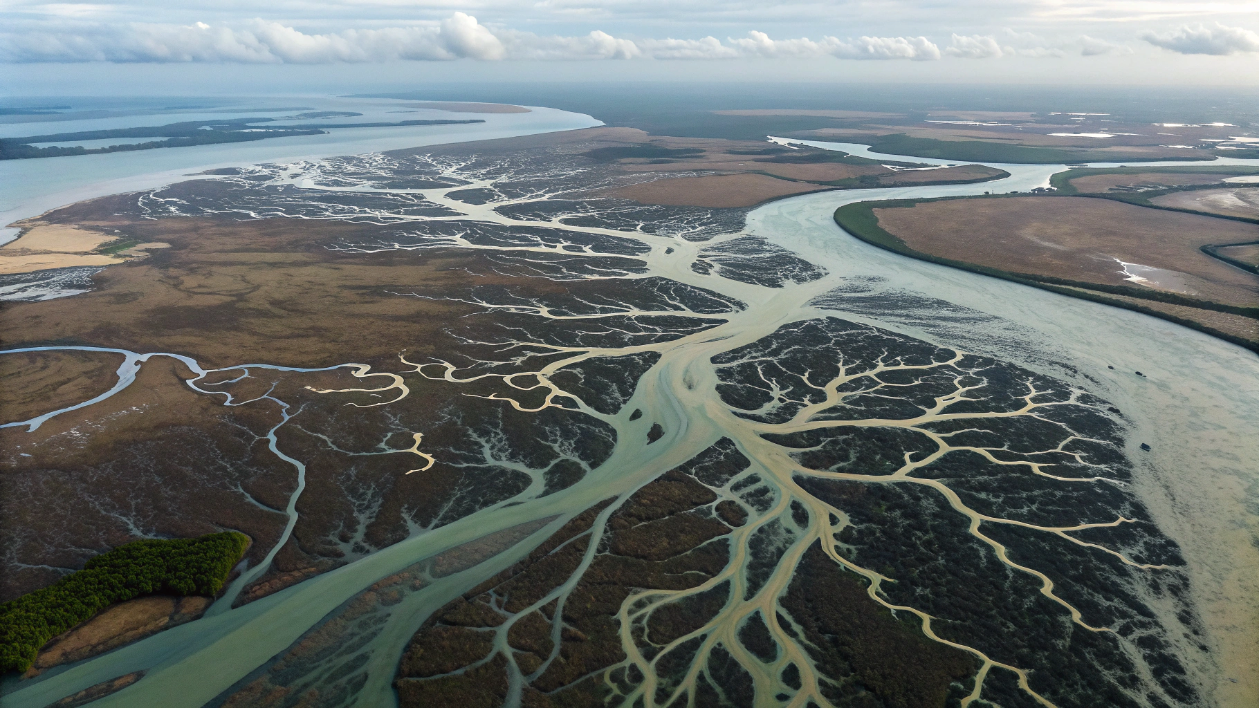 AI generated image by Red Panda AI: "A branching river delta viewed from above, where the main channel divides into multiple streams flowing in different directions. The largest branch flows downward with visible turbulence, representing US markets, while smaller tributaries flow more steadily in horizontal and slightly upward directions, representing international markets. The varying water colors and flow patterns create a natural visual metaphor for divergent market movements and rotating capital flows, all part of the same interconnected system but following distinct paths."