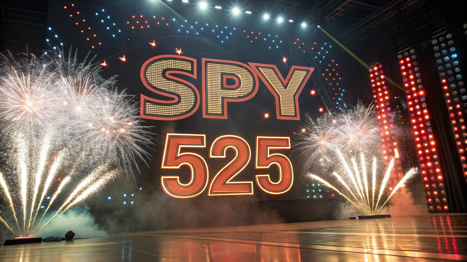 AI generated image by Red Panda AI: "SPY 525", the TEXT "SPY 525" as glorious, magical, fantastic, fantasy, bold, strong, fractal, futuristic, high definition, 8k, stock market, stock charts moving up in the background, spotlights, fireworks
