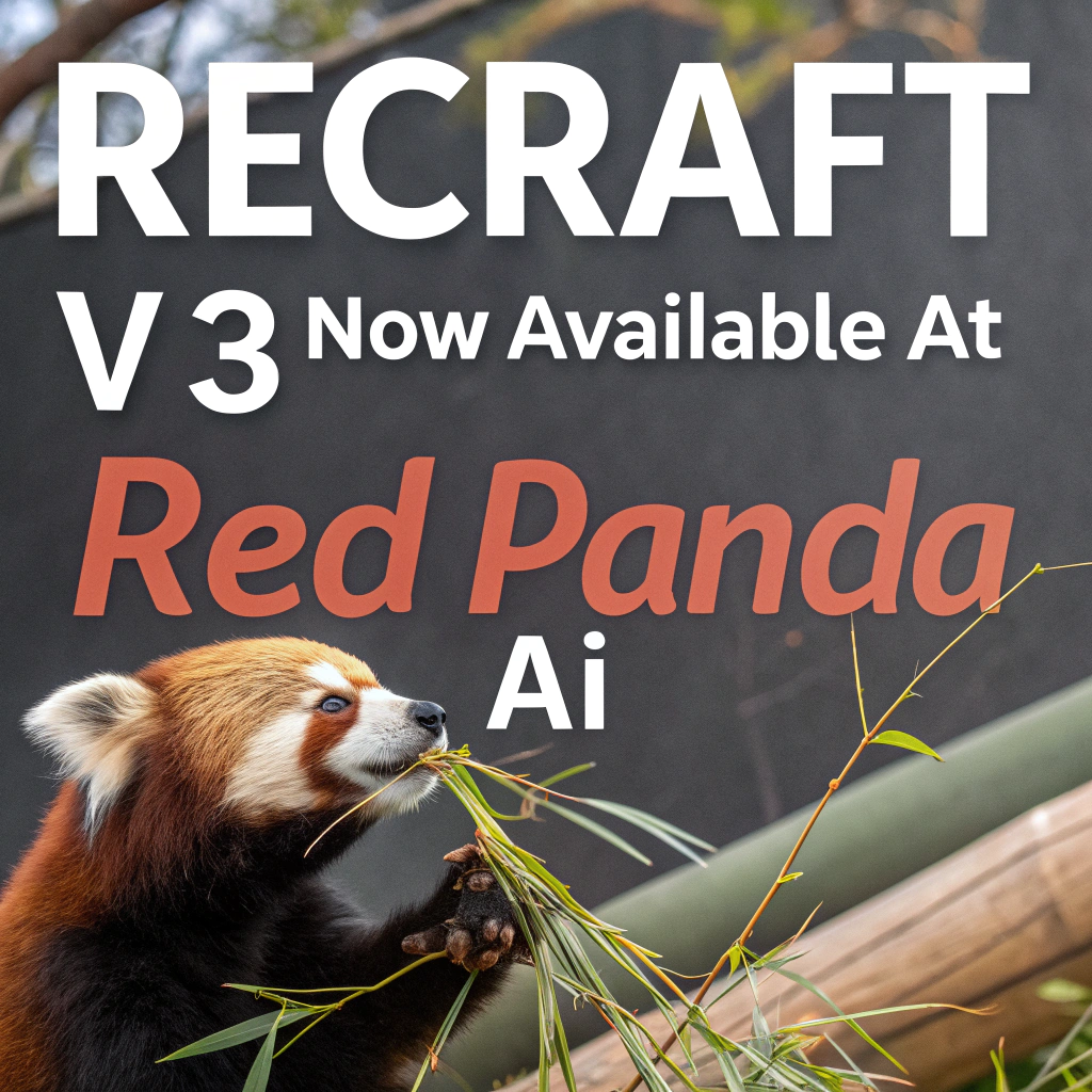 AI generated image by Red Panda AI: a red panda eating a bamboo in front of a poster that says "recraft V3 now available at red panda ai