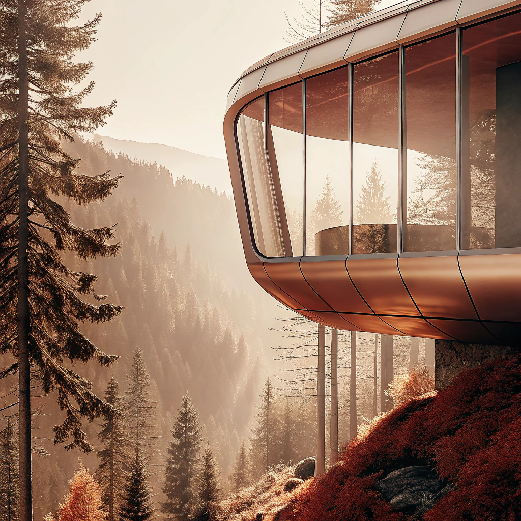 AI generated image by Red Panda AI: A futureistic home sitting on a forested mountain side.