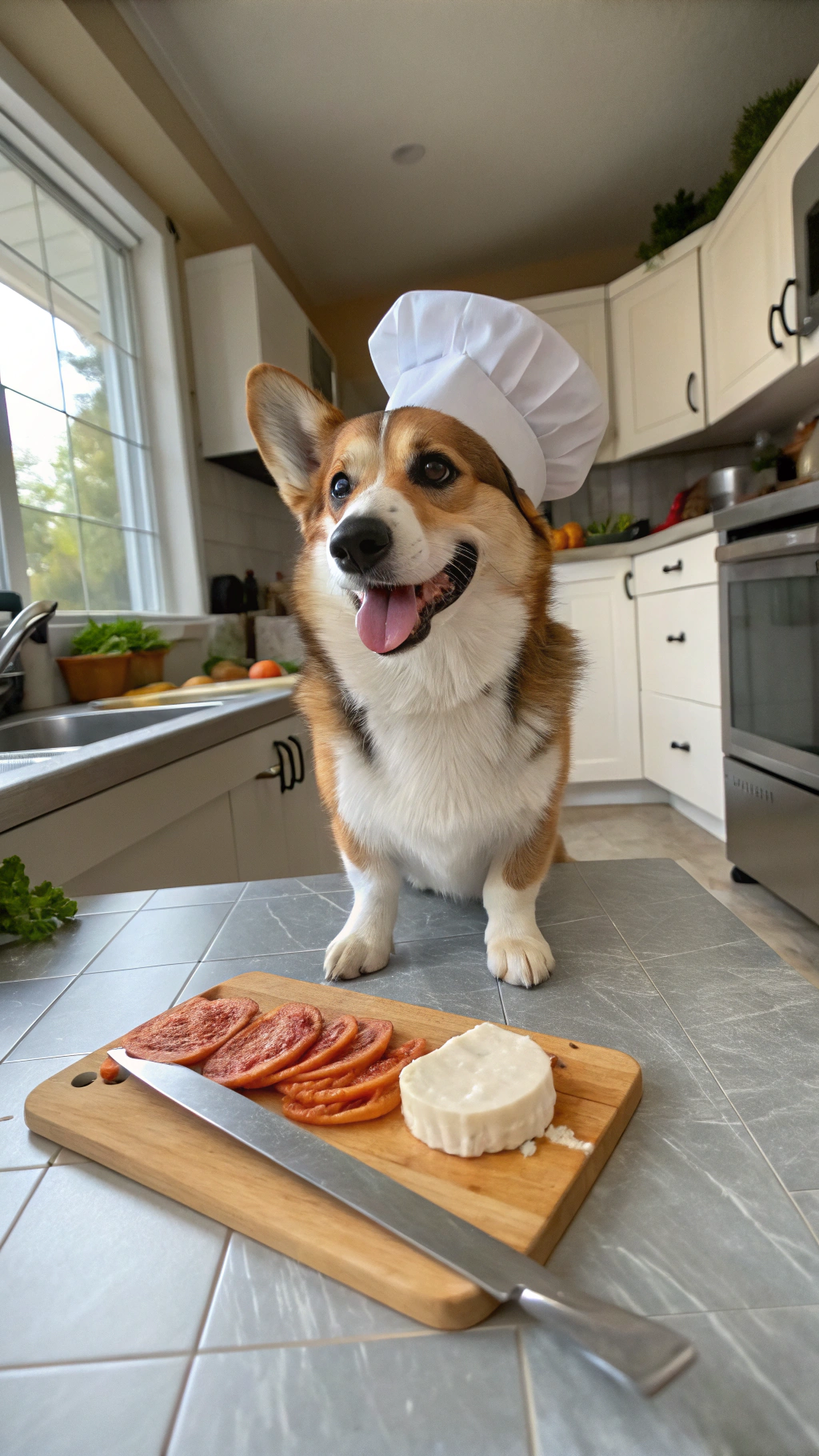 AI generated image by Red Panda AI: real life wide angle iphone video of a standing smiling corgi wearing a white chef's hat, holding a knife with one paw, and slicing into an italian sausage with the knife. Scene is a basic american kitchen during the day.