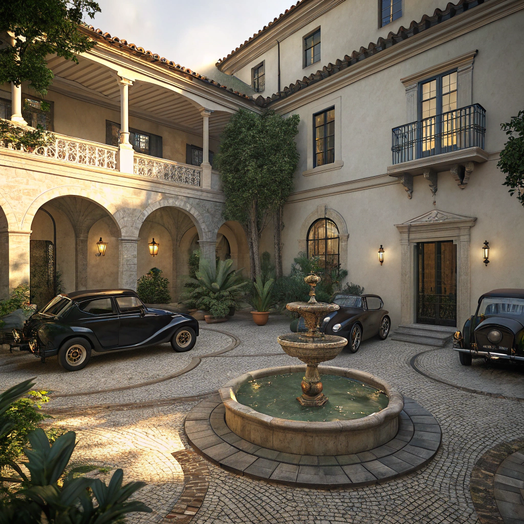 AI generated image by Red Panda AI: Establishing shot en légère plongée de la cours intérieure d'une grandiose villa sicilienne dans les années 1950. Trois fiat 1953 noires sont garées autour d'une fontaine de jardin circulaire située au centre la cours. Dans le style du film le Parrain, rendu photoréaliste. Lumière chaude et diffuse.