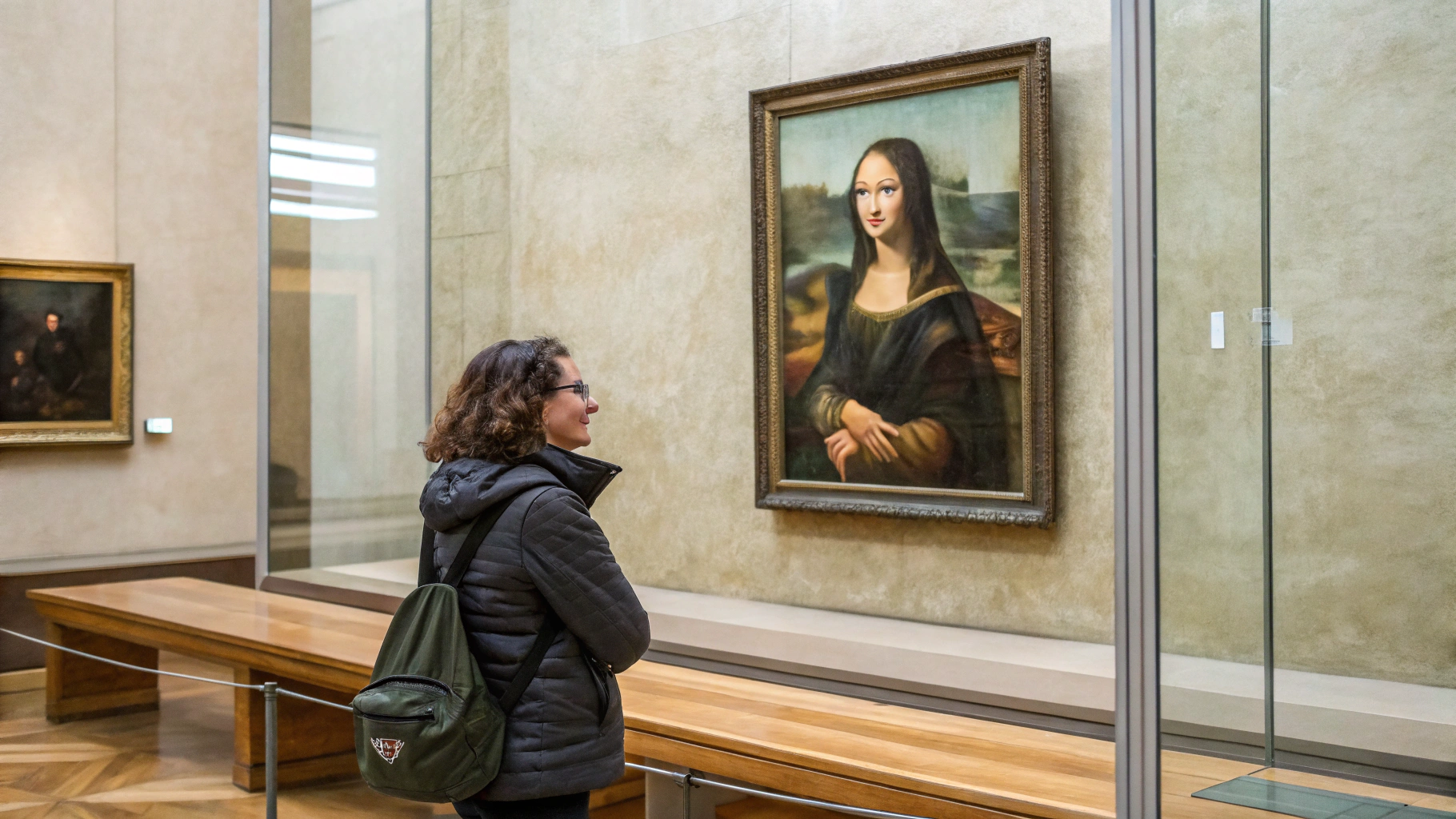 AI generated image by Red Panda AI: In the exhibition hall of the Louvre Museum, a visitor stands in front of the painting "Mona Lisa" carefully observing it. The painting features a woman with a smile, set against an elegant indoor backdrop. The visitor is dressed in modern casual attire, standing before the artwork