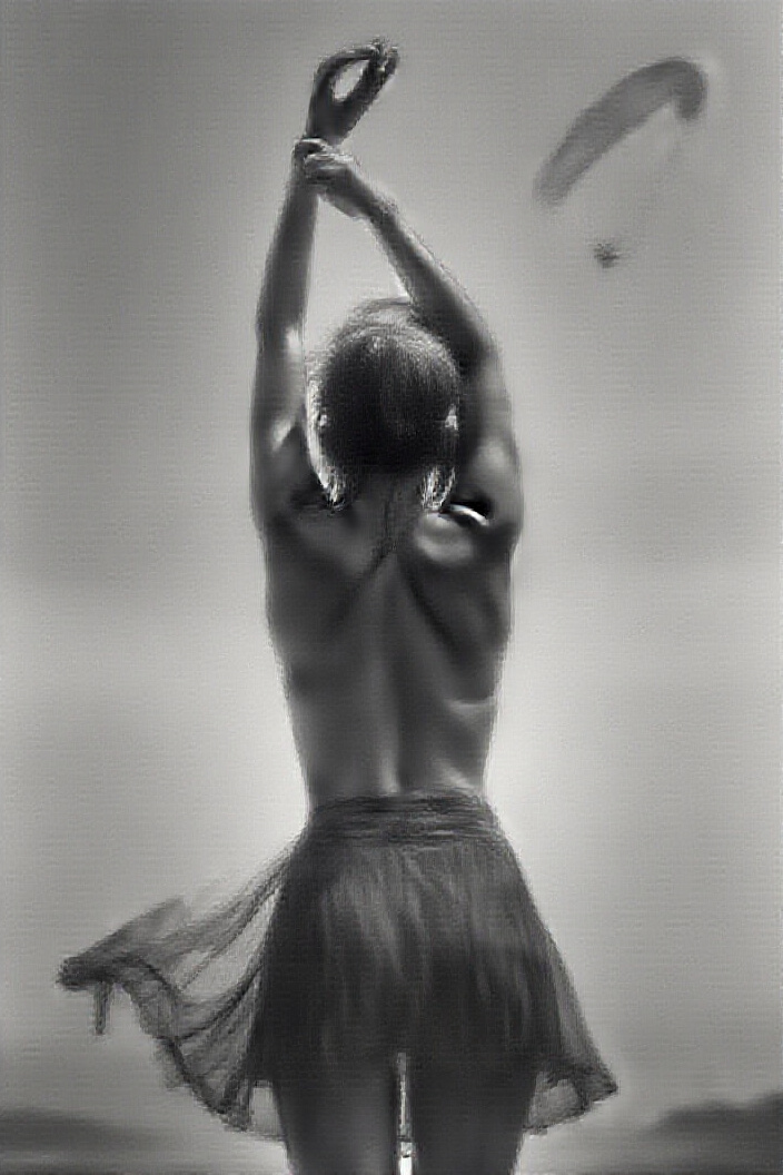 AI generated image by FLUX.1-pro: Black and white photo of young topless bare back woman in short skirt from behind swinging her bra in her Stretched up hand above. a paraglider flying above her. Sky background. Backlight