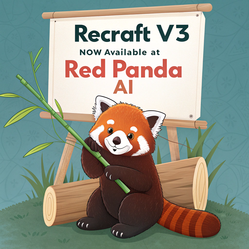 AI generated image by Red Panda AI: a red panda eating a bamboo in front of a poster that says "recraft V3 now available at red panda ai
