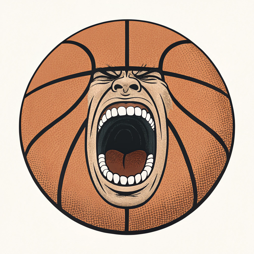 AI generated image by Red Panda AI: Minimalist illustration, featuring a basketball with a large open mouth in the center, as if it is shouting in anger. The design has no eyes, focusing only on the mouth, which shows sharp white teeth in a fierce expression. The lines are clean and bold, with a simple color palette, capturing the intense and aggressive vibe of 'Trash Talk'. overall should be direct and impactful, highlighting the character's energy and attitude.