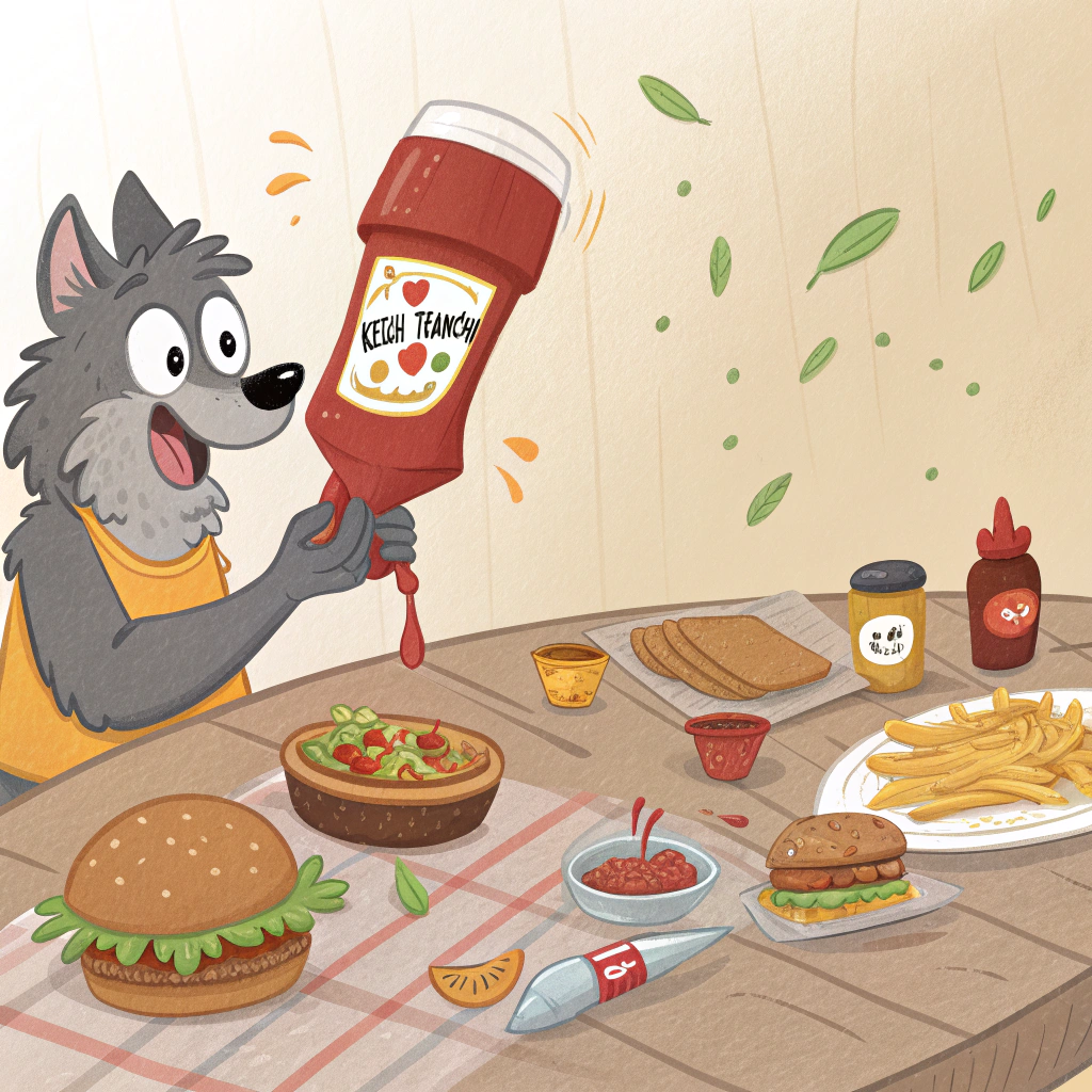 AI generated image by Red Panda AI: Un loup de dessins animés qui casse une bouteille de ketchup de la marque ketch'franchy sur une table avec des piments de couleurs qui sortent de la bouteille. Des animaux sont autour de la table en train de manger. Il y des frites, des hamburgers, des nuggets sur la table