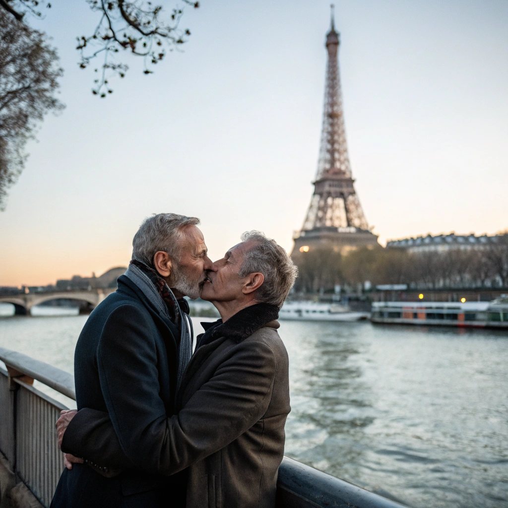 AI generated image by Red Panda AI: photo of two mature french men kissing passionately near the river in paris