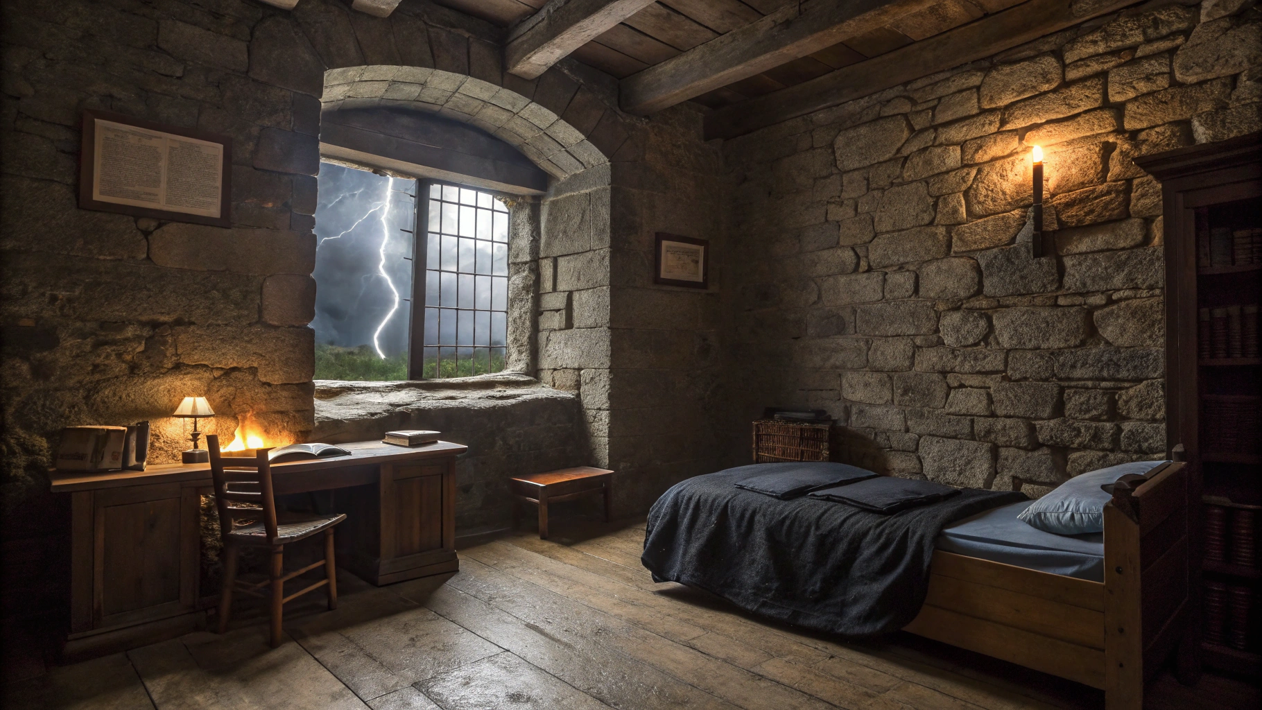 AI generated image by Red Panda AI: "A cold, medieval-style dragon rider's room in the Basgiath War College. The room has thick stone walls and a single small window, through which a storm rages outside, with rain and lightning illuminating the dark sky. Inside, the only source of light is a basic, modest fireplace with a small but steady fire, casting flickering shadows across the room. The wooden furniture is simple and rugged: a rough-hewn bed with a dark-colored blanket, a wooden desk and chair, and a small bookshelf filled with worn books. A black leather jacket is draped over the bed, adding to the room’s austere and practical feel. The atmosphere is cold, damp, and isolated, like a warrior’s chamber in a medieval castle."