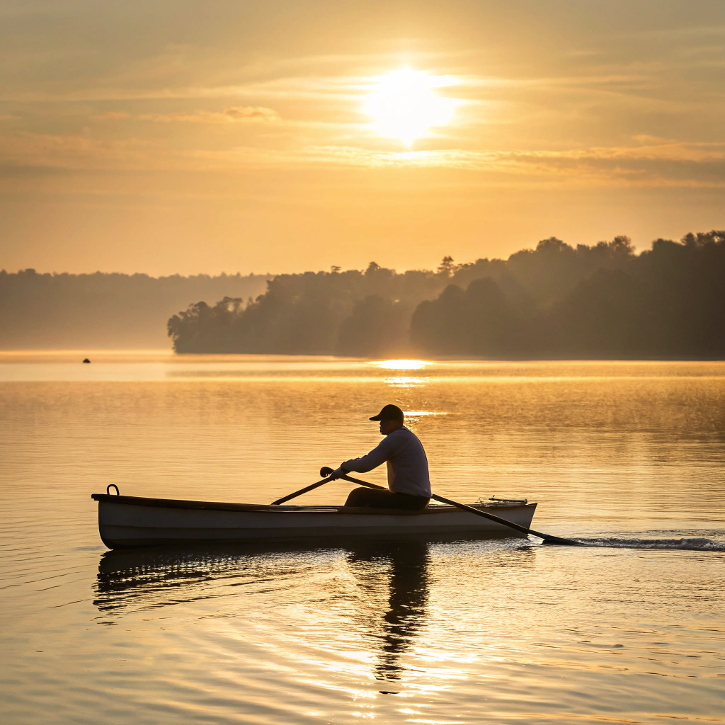 AI generated image by Red Panda AI: single man rower row on lake into the sun