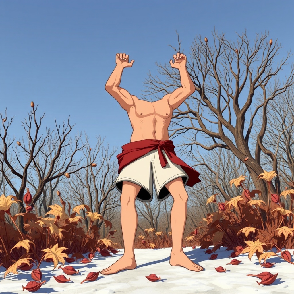 AI generated image by FLUX.1-schnell: Garçon de dix ans en short allongé sur des feuilles mortes