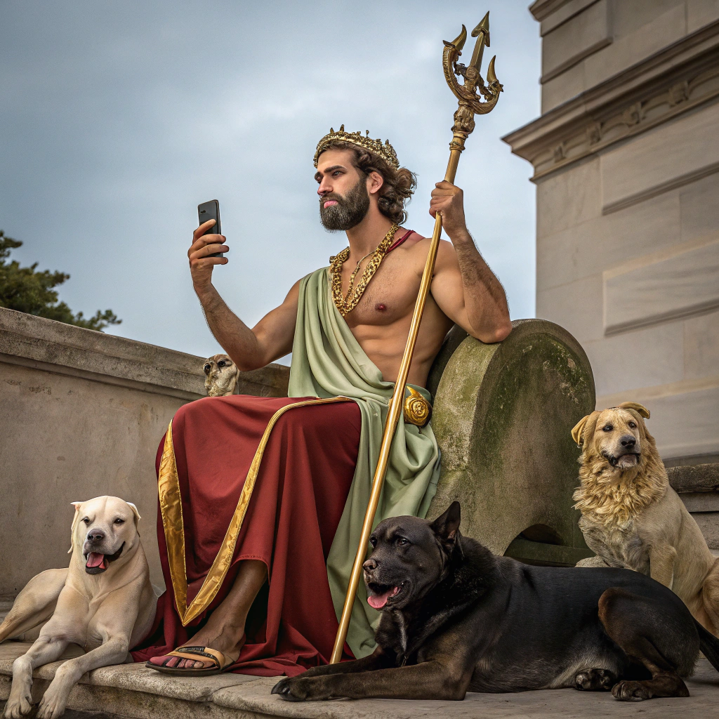 AI generated image by Red Panda AI: Genera siete imágenes de Hades, el dios del inframundo.. Una con sus mascotas (serpiente y perros). Otra con su mujer, Perséfone. Otra con sus hermanos, Zeus y Poseidón. Otra que se ve el inframundo con él. Otra con Cerbero, el perro de tres cabezas Y las otras como quieras. Las imágenes tienen que ser realistas, como si fueran humanos de hoy.