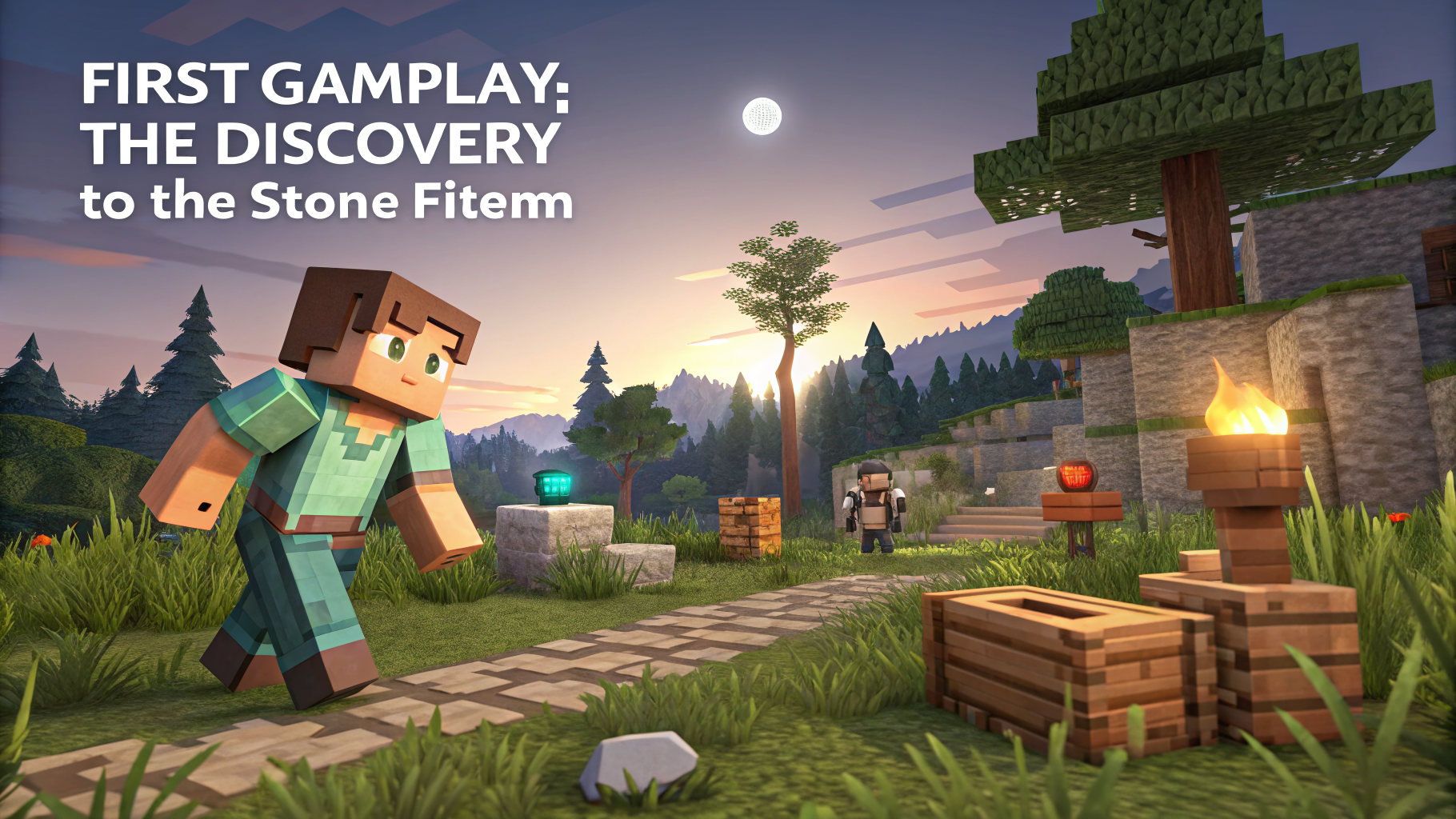 AI generated image by Red Panda AI: Give me a Minecraft thumbnail theme writing first gameplay of Minecraft topic up to the stone item