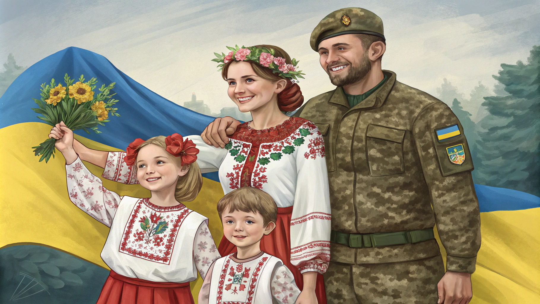 AI generated image by Red Panda AI: realistic illustration of happy mother and two children, son and small daughter in Ukrainian national clothes and happy father in the camuflage uniform of the Ukrainian army