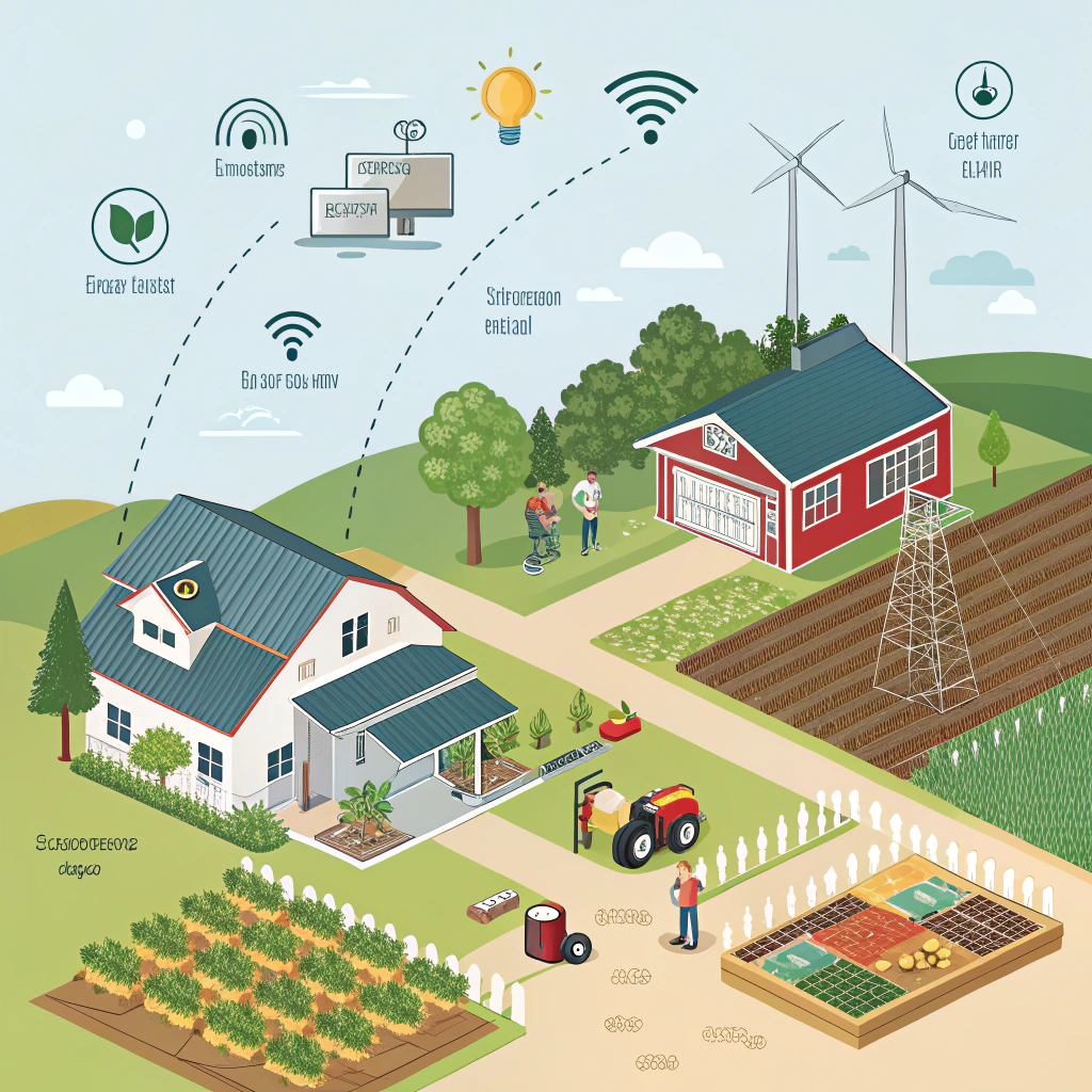 AI generated image by Red Panda AI: Depict the integration of IoT in agriculture and home settings in an attractive way. Offer numerous benefits, from enhanced efficiency and productivity to improved sustainability and safety. Show that technology continues to advance, and how embracing IoT solutions can lead to smarter, more connected living and farming experiences.