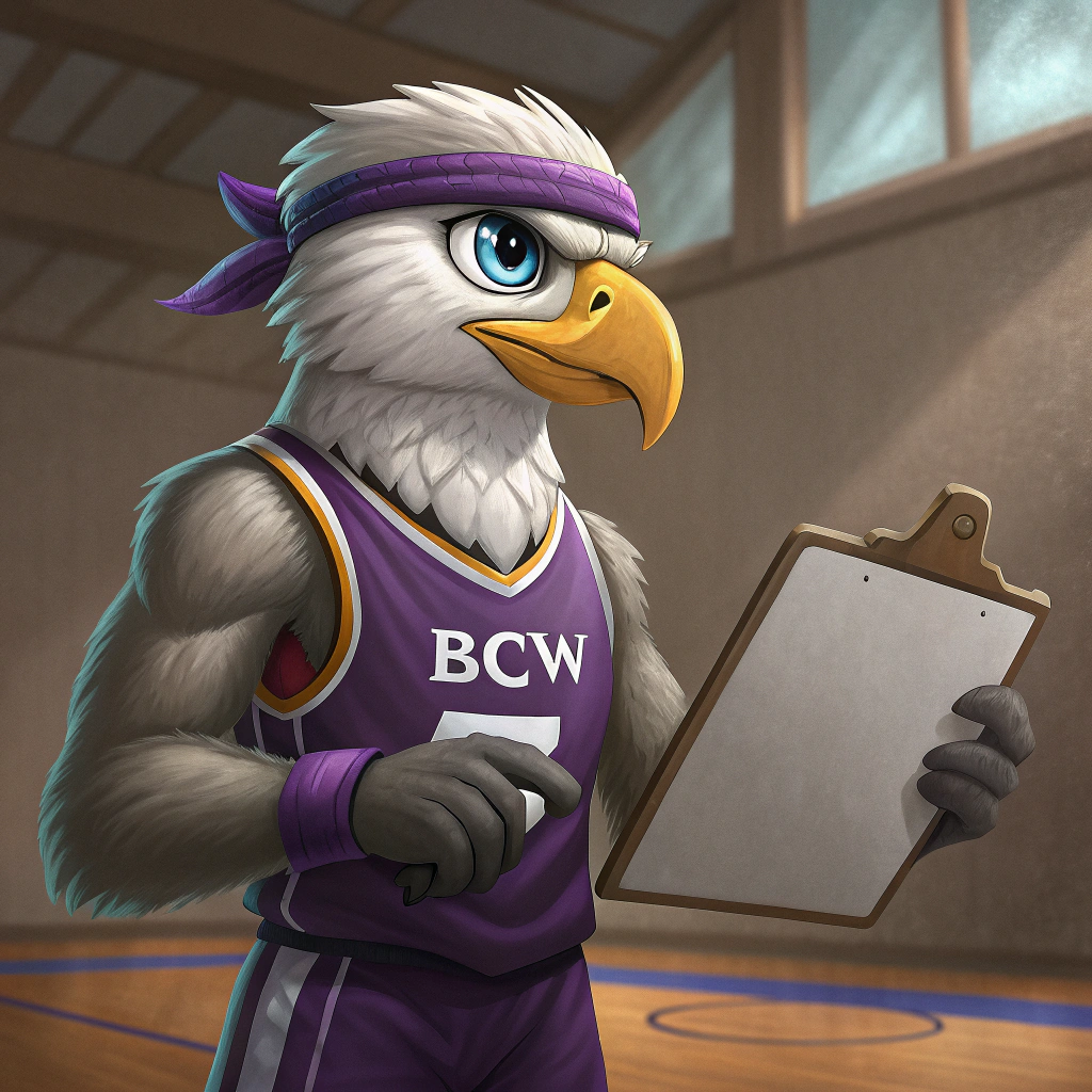AI generated image by Red Panda AI: Generate for me eagle in purple basketball jersey, with headband, basketball club name BCW. Eagle must be muscular and must to hang a blank bord in his "hand". Please generate it like an Pixar studio art style. Please be more realistic. The eagle is looking straight and the board is straight to the picture. And eagle must be youngest and have a blue eyes. Illustration must be like a pixar art studio.