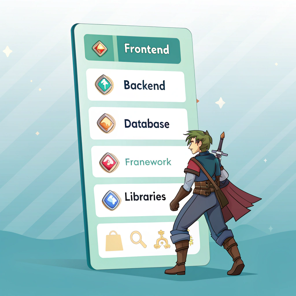 AI generated image by Red Panda AI: Genera una interface para ver las estadísticas de un personaje de un videojuego, donde las estadísticas principales son Frontend, backend, Database, Framework, Librerias