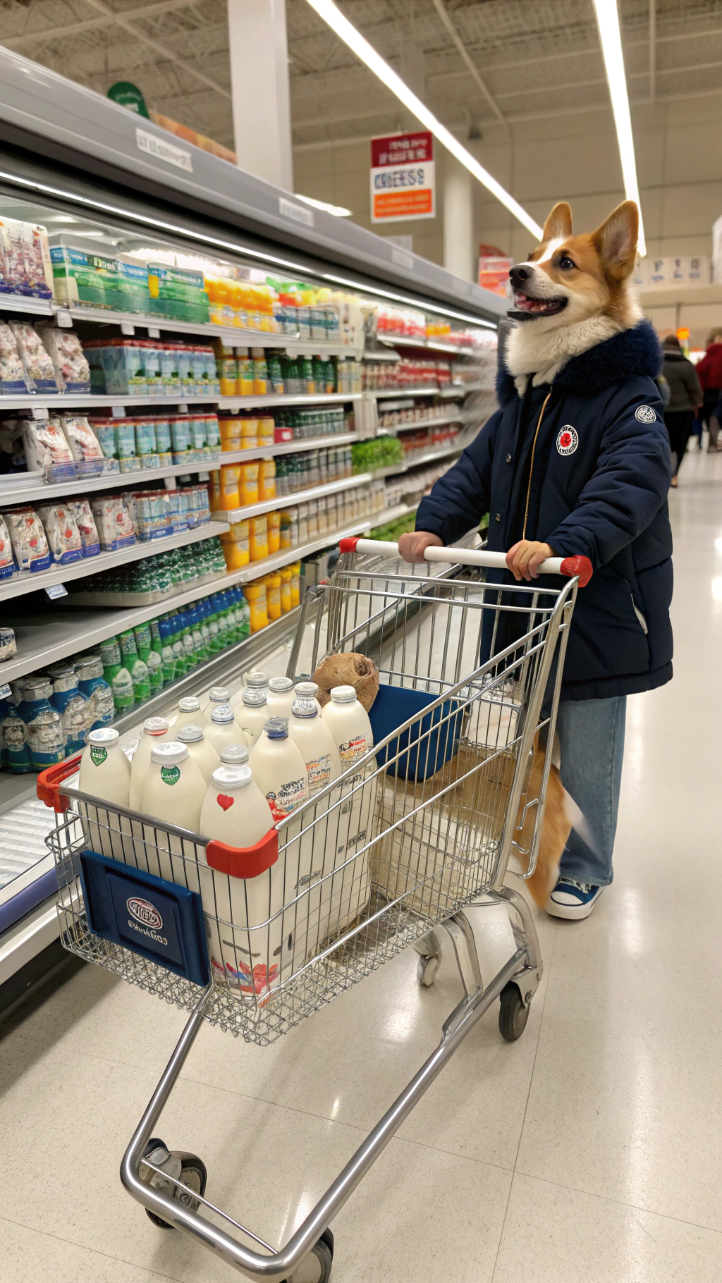 AI generated image by Red Panda AI: anthropomorphic corgi going shopping in an American supermarket next to the milk and eggs aisle pushing a shopping cart filled with breakfast items