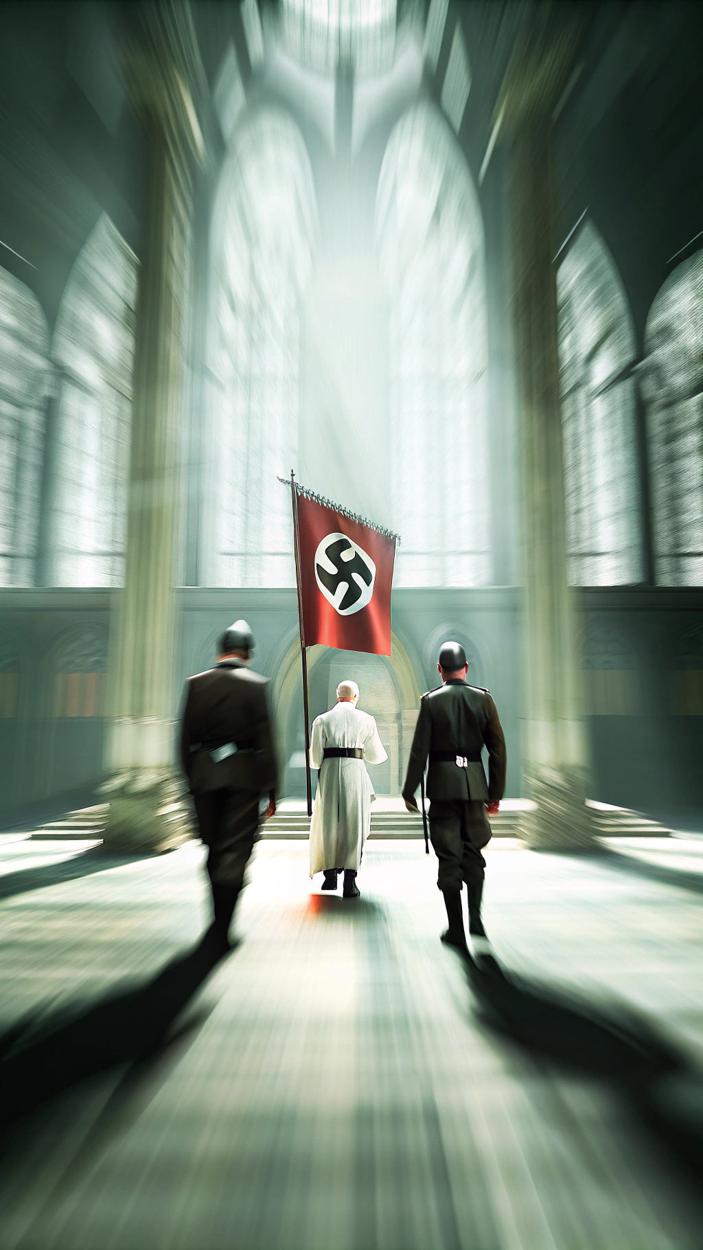 AI generated image by Red Panda AI: Una enorme iglesia y al papa caminando por ella en penumbras y con una bandera del partido nazi y rodeado de militares