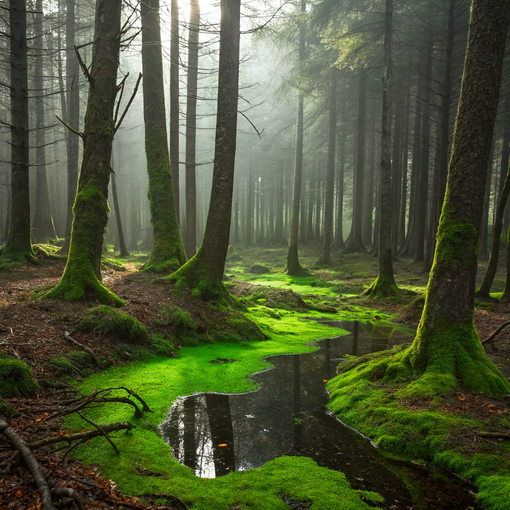 AI generated image by Red Panda AI: bosque con liquido verde