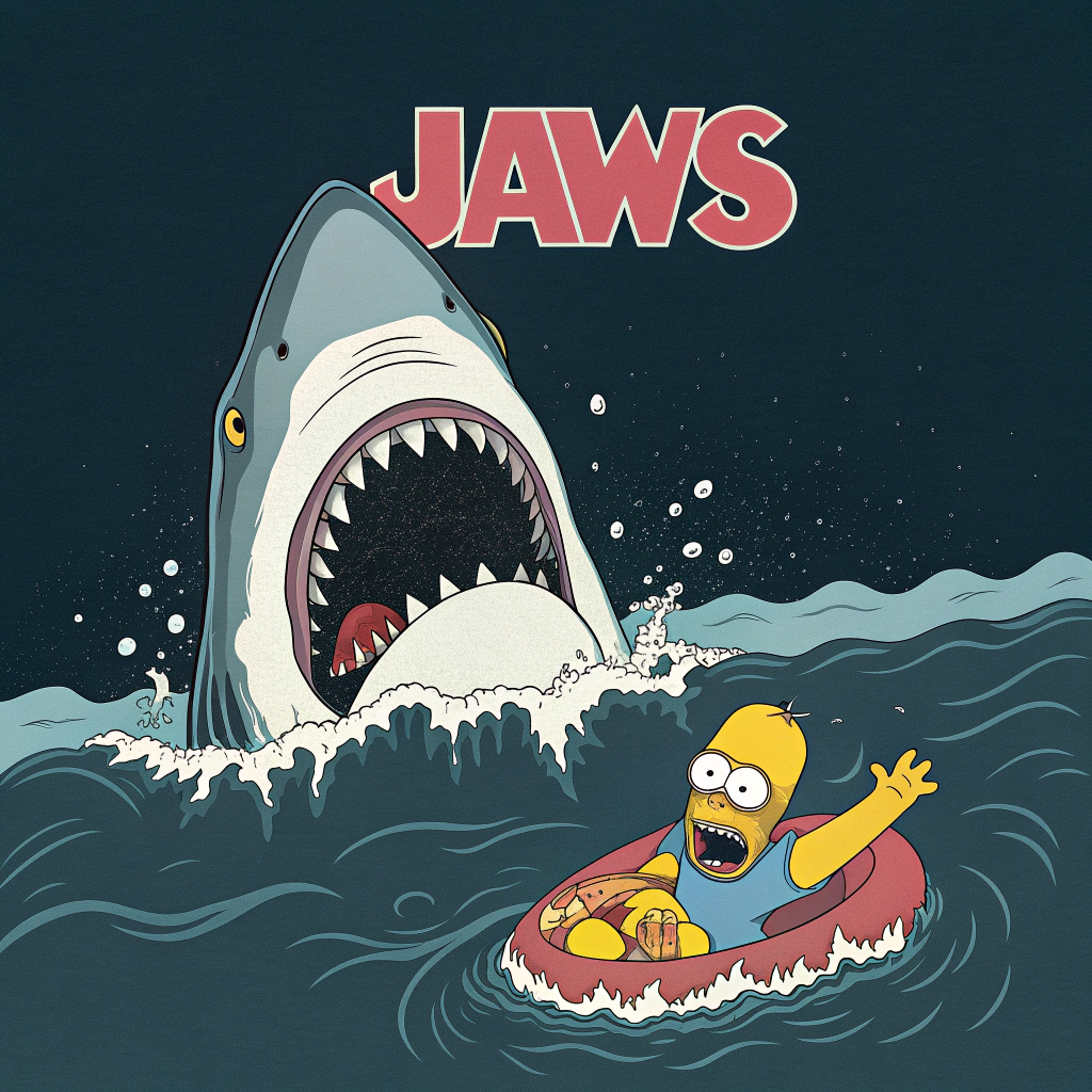 AI generated image by Red Panda AI: Poster for the movie Jaws, but instead of the shark, there is Homer Simpson who opens his mouth wide to eat the floating swimmer.