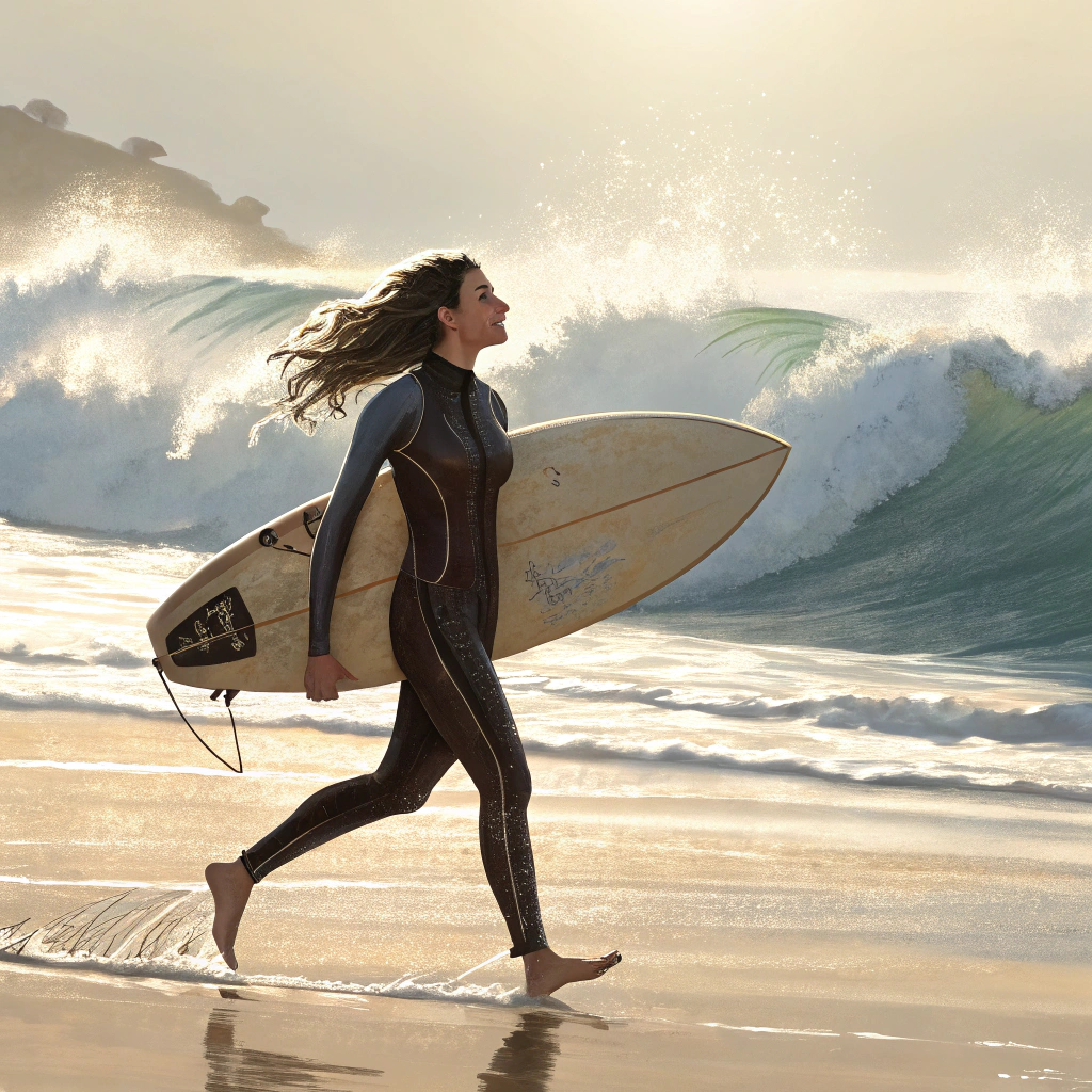 AI generated image by Red Panda AI: woman walking up a beach carrying a surfboard under her arm, long wavy brunette hair blows in the wind, wearing a wetsuit unzipped and showing a bit of cleavage, long sleeves, morning sunlight reflects off the water, heavy surf