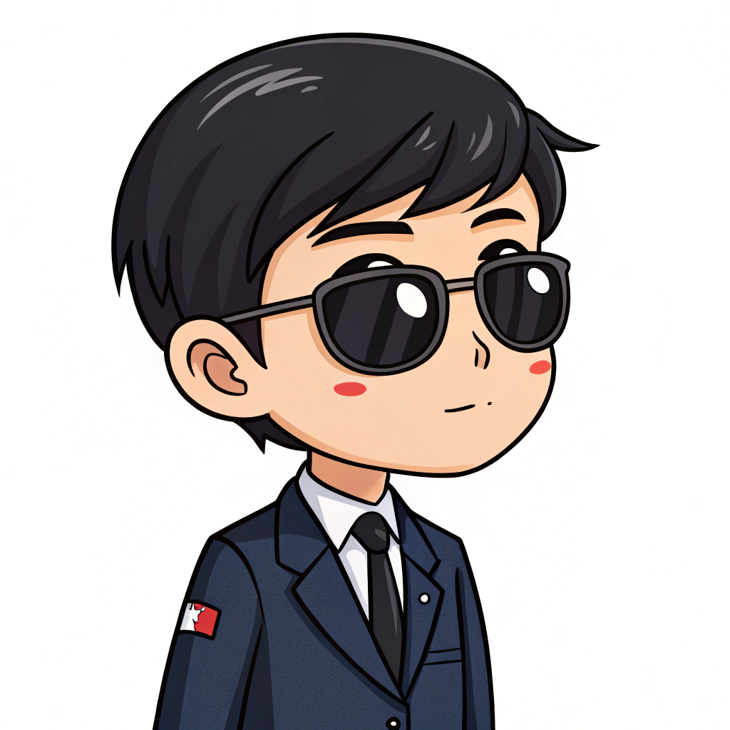 AI generated image by Red Panda AI: masterpiece, anime style, chibi, illustrated logo, medium short shot, twitch emote of a boy wearing sunglasses, black hair, a formal navy blue suit, with black tie, and a chile pin on the left shoulder.