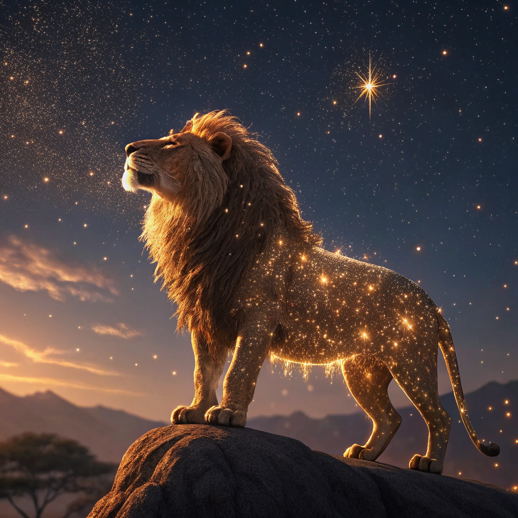 AI generated image by Red Panda AI: In Disney-Pixar 3D animation style, a majestic lion formed by sparkling stars glows brightly in the sky. The lion’s mane flickers with golden light, giving it a regal and proud appearance. The scene has a magical, glowing aura, emphasizing the strength and bravery of Leo the lion in the night sky.
