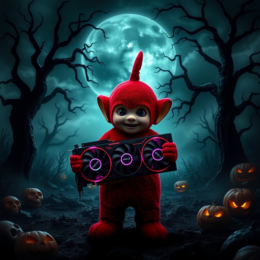 AI generated image by FLUX.1-schnell: "Create a chilling scene in a dark, eerie landscape. At the center, the red Teletubby (Tinky Winky) stands with a haunting expression, surrounded by shadows. The scene should include Halloween elements like skulls, cobwebs, and creepy pumpkins. The Teletubby holds a highly detailed ASUS ROG Strix RTX 4090 graphics card, showcasing its sleek design, RGB lighting, and three prominent fans. The card should look lifelike and menacing in his grasp. The background features twisted trees and ominous clouds, enhancing the atmosphere of fear. Use dark colors and intense contrasts to amplify the terror in the image."
