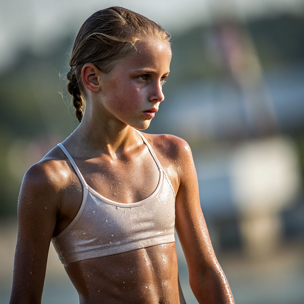 AI generated image by Red Panda AI: an anorexic ripped muscular girl with glistening skin