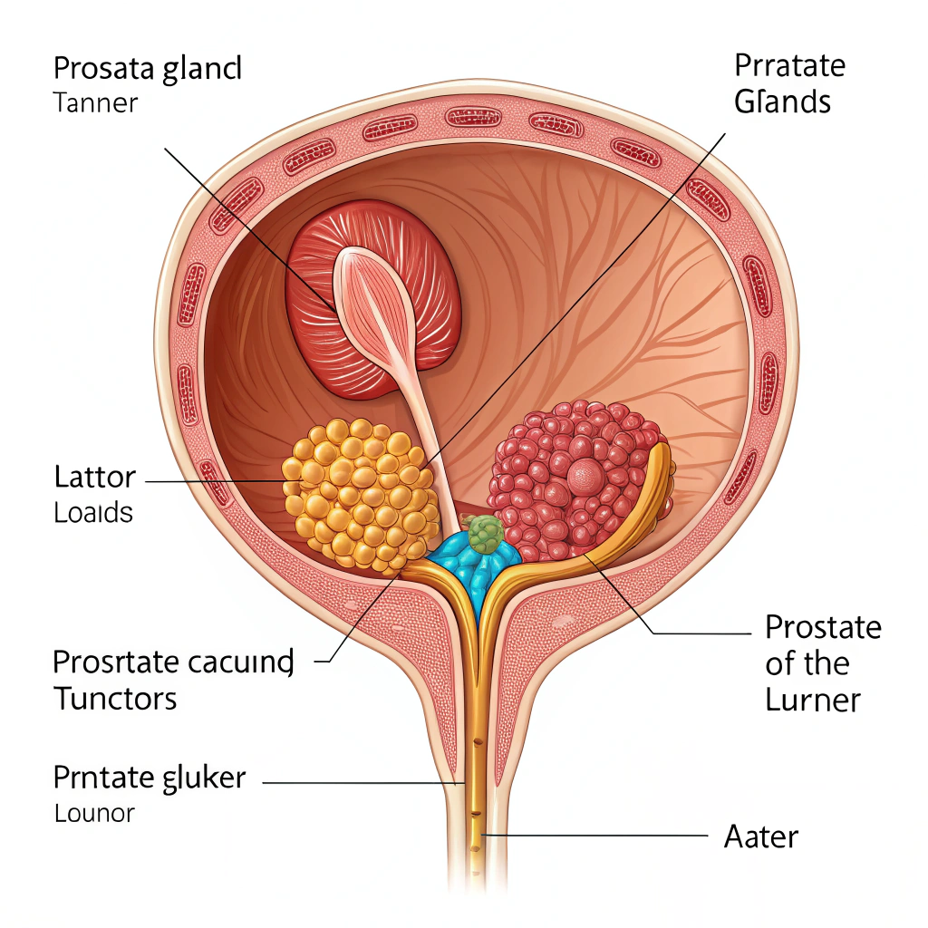 AI generated image by Red Panda AI: imagen de una glandula prostatica con tumor en sus diferentes areas frecuente de apacion