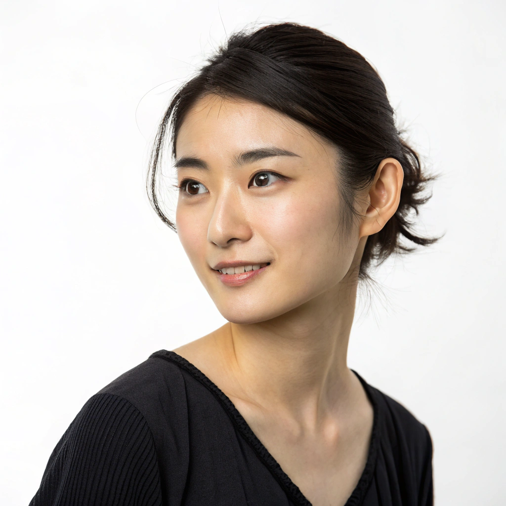 AI generated image by Recraft V3: A Japanese young model posing for a bust-up portrait in a studio with a plain white background, soft and even lighting, capturing a calm and gentle smile, high resolution, professional studio setup, 35mm film.