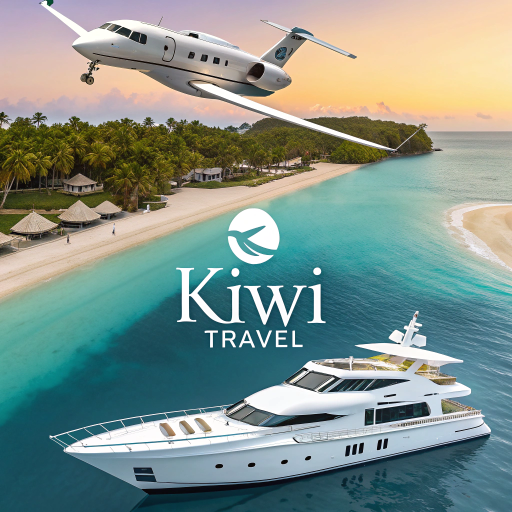 AI generated image by FLUX.1-schnell: Create an image for a specialized travel agency for very high end clients. This would include Jet rental, yaught rental, luxury high end vacations. The name of the company is Kiwi Travel.