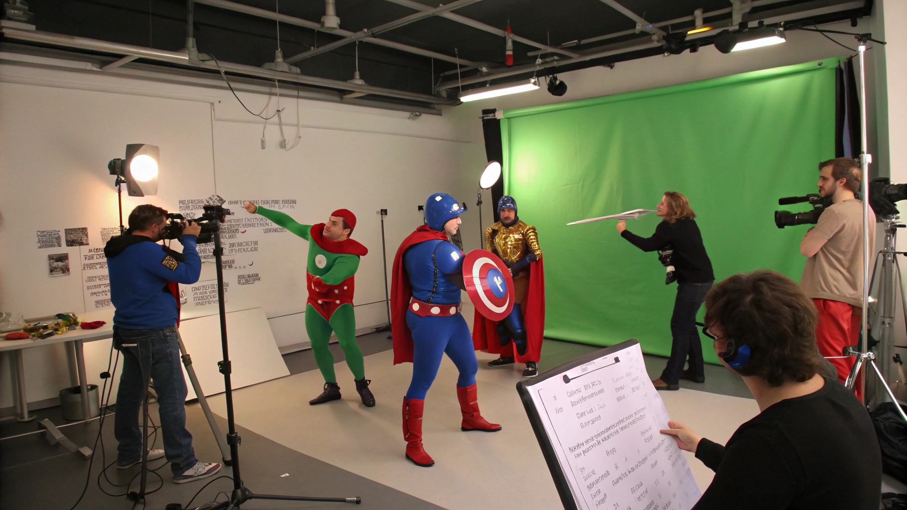 AI generated image by Red Panda AI: A highly detailed and lively 16:9 scene set indoors, showcasing a team-building activity where colleagues of various ages (35 to 60)work together in a creative studio. The room is arranged like a film set, professional lighting to enhance their comic-inspired poses. Participants wear colorful costumes representing classic French comic characters. One group is rehearsing in front of the green screen, mimicking action scenes with props like oversized speech bubbles, cartoonish weapons, and dynamic costumes, while another team brainstorms ideas on a nearby whiteboard covered in comic story sketches. In the foreground, a participant gestures dramatically, holding a storyboard to guide the comic scenes. The atmosphere is vibrant and humorous, capturing the group’s collaborative energy and the fun of stepping into a comic world indoors.