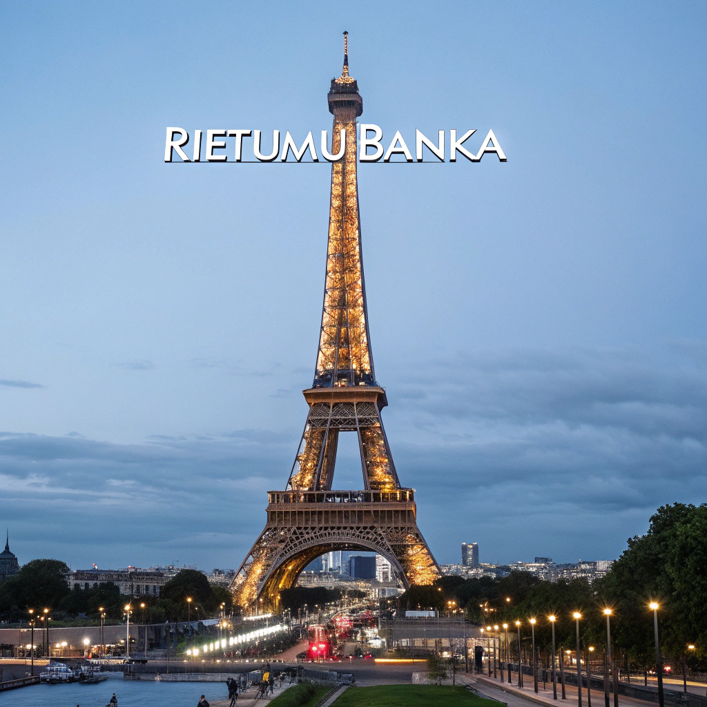 AI generated image by Red Panda AI: Create a Eifel tower image with Rietumu Banka name on top