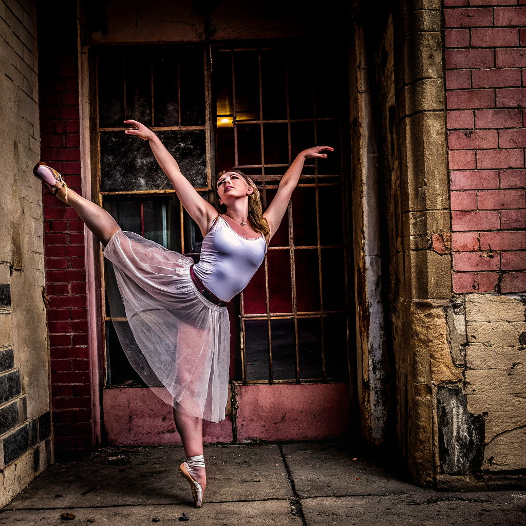 AI generated image by Red Panda AI:    woman dancer with transparent Ballet skirt standing on her right leg left leg touching hair face lifted up in the direction of the cealing